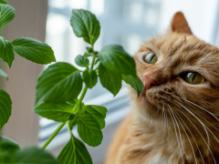 Charming image capturing the playful curiosity of cats as they nibble on basil leaves