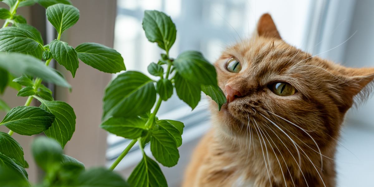 Immagine affascinante che cattura la curiosità giocosa dei gatti mentre rosicchiano le foglie di basilico