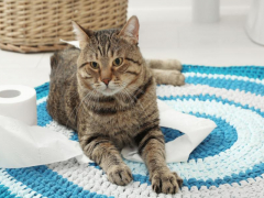 A bathroom rug with a playful twist - adorned with a mischievous cat sitting on it, adding a touch of feline charm to the everyday surroundings.