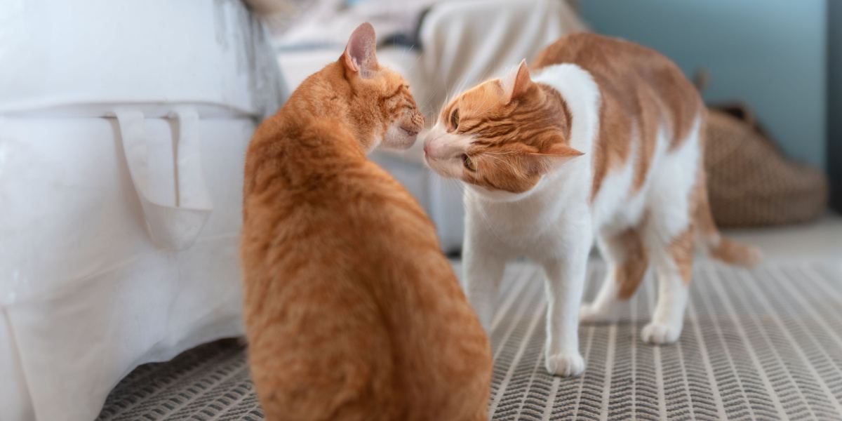 Un'immagine che ritrae due gatti impegnati in un'interazione olfattiva, un comportamento comune tra i gatti per esplorare gli odori e stabilire legami sociali attraverso la comunicazione olfattiva.