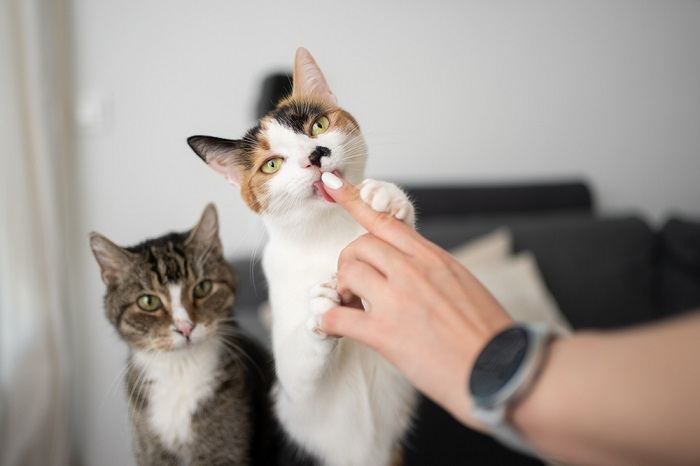 Immagine ravvicinata di un gatto che lecca la mano di una persona, evidenziando un momento di delicato legame e cura tra il gatto e la persona.