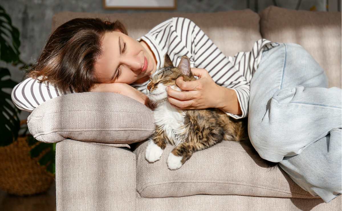 Ritratto di giovane donna che tiene in braccio un simpatico gatto siberiano dagli occhi verdi